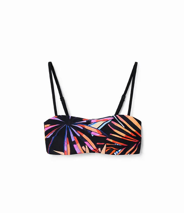 חזיית ביקיני CHOZEN בהדפס עלים טרופיים צבעוני על רקע שחור, רצועות דקות, אופנת קיץ