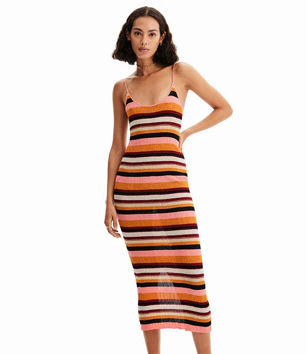 שמלת קיץ צבעונית פסים דקים לאישה, אופנה טרנדית CHOZEN, קולקציית מותגים מובילים