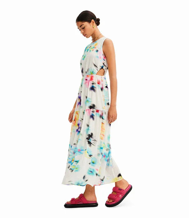 שמלה לבנה עם דוגמת צבעים פרחונית לנשים, נעלי סלייד ורודות, אופנה CHOZEN