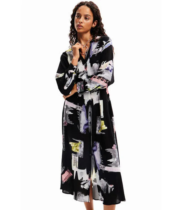 שמלת מקסי שחורה עם הדפס אמנותי צבעוני, אופנת נשים מבית CHOZEN