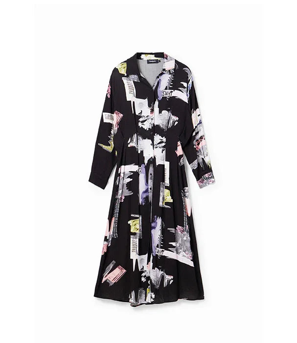 שמלה שחורה ארוכה עם שרוולים ארוכים ודוגמת הדפס גרפית, אופנת נשים CHOZEN