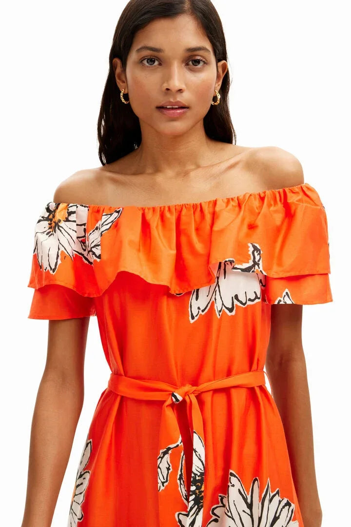 שמלה כתומה עם כתפיים חשופות ודוגמת פרחים, אופנת נשים CHOZEN