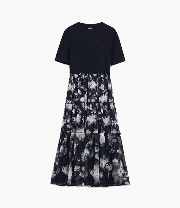 שמלת מקסי שחורה עם עליונית חלקה וחצאית מודפסת פרחים, אופנה לנשים CHOZEN