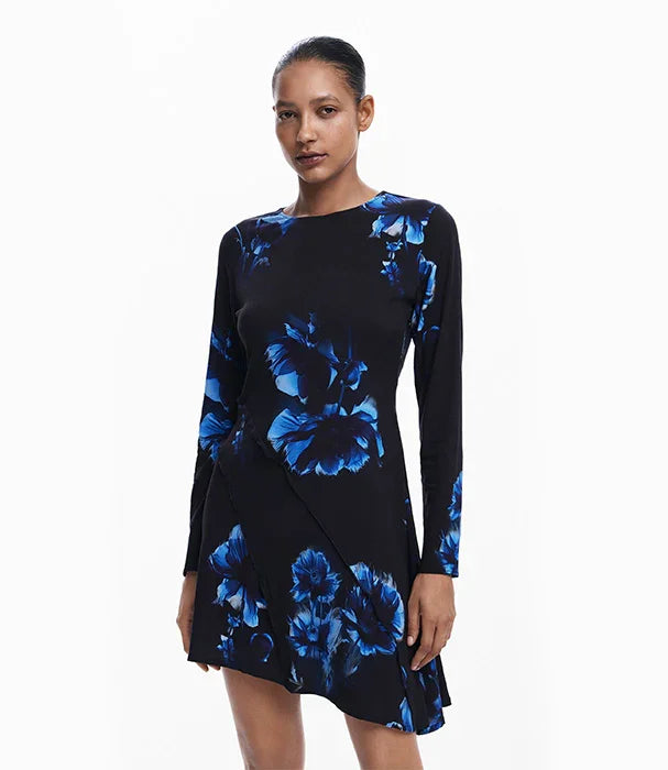 שמלת נשים שחורה עם פרחים כחולים, שרוולים ארוכים, אופנת נשים CHOZEN