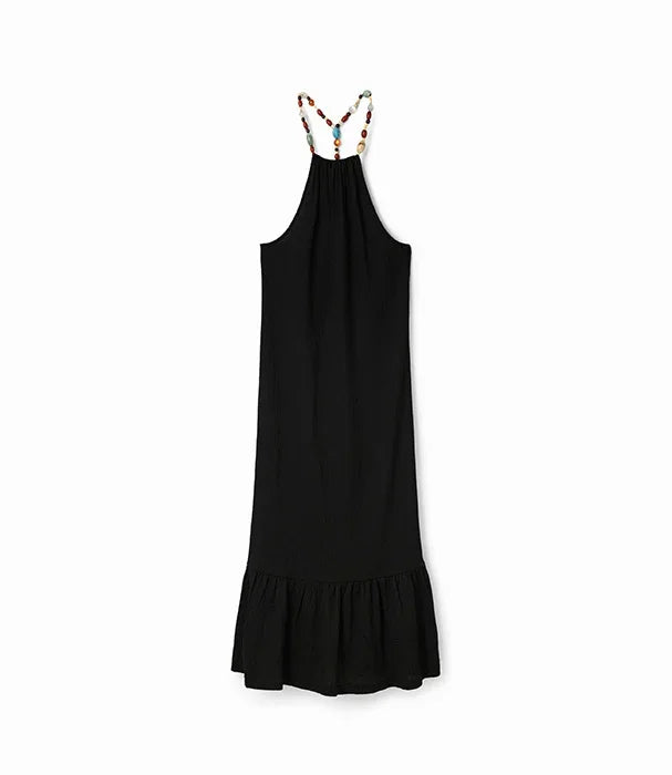 שמלת מקסי שחורה עם כתפיות חרוזים צבעוניות, אופנת נשים CHOZEN