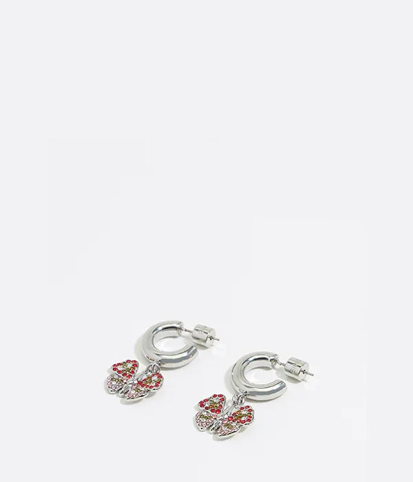 עגילי חישוק כסף תליון פרפר משובצים באבנים אדומות וירוקות, מותג אופנה CHOZEN