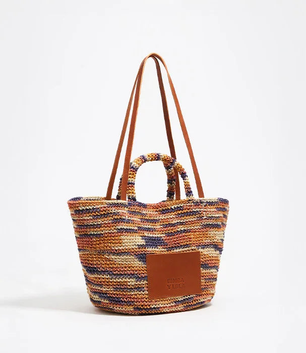 תיק קש צבעוני עם ידיות ועור חום, עיצוב אופנתי CHOZEN, קיץ לנשים