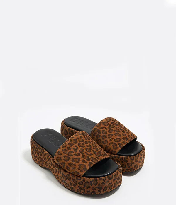 כפכפי פלטפורמה לנשים בהדפס מנומר חום שחור, עיצוב טרנדי קיץ, CHOZEN מותגים מובילים