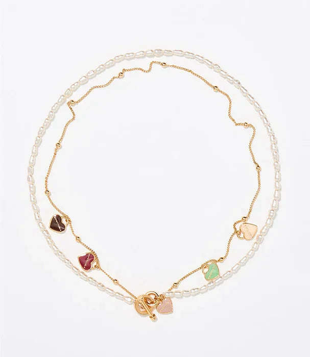 שרשרת פנינים וזהב משובצת תליון לבבות צבעוניים, תכשיטים יוקרתיים CHOZEN אלפא