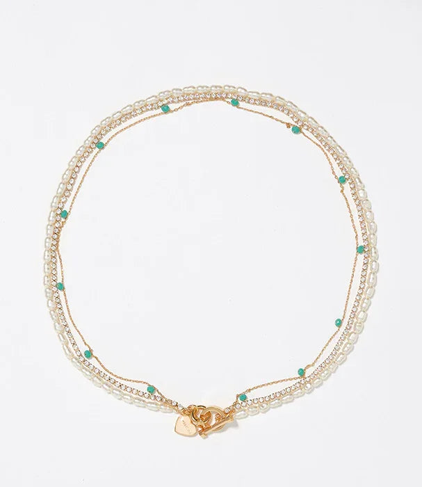 קולר פנינים ועדינים מוזהבים עם חרוזים ירוקים, תכשיט אופנתי מבית CHOZEN