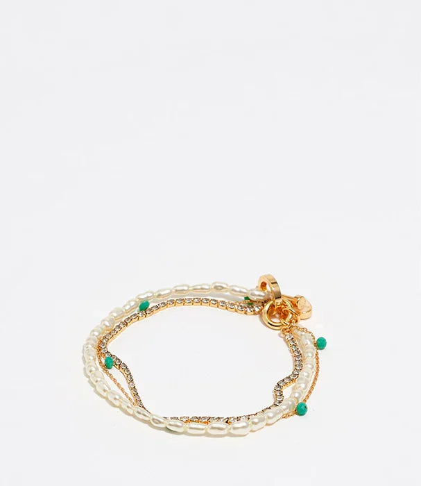 צמיד פנינים וזהב עדין עם חרוזים ירוקים, תכשיט יוקרתי מבית CHOZEN