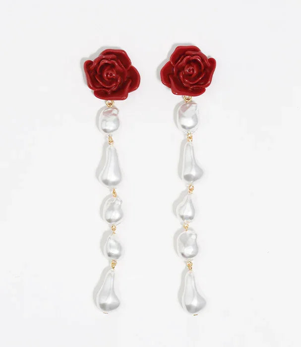 עגילי תלייה בעיצוב ורד אדום עם פנינים לבנות יוקרתיות, תכשיטים ייחודיים CHOZEN