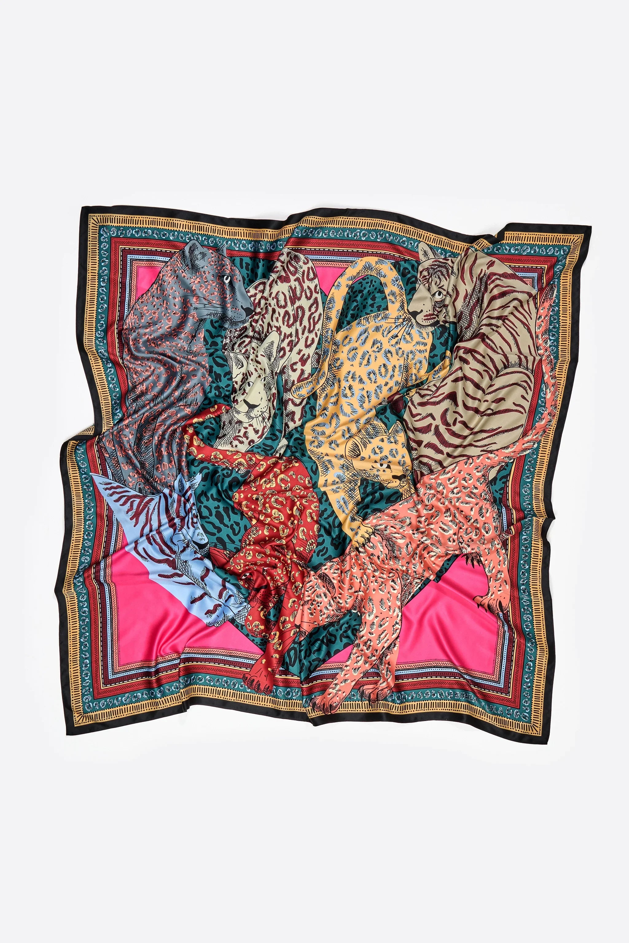 צעיף משי מעוצב של CHOZEN עם הדפס נמרים צבעוני רקע ורוד מסגרת דקורטיבית