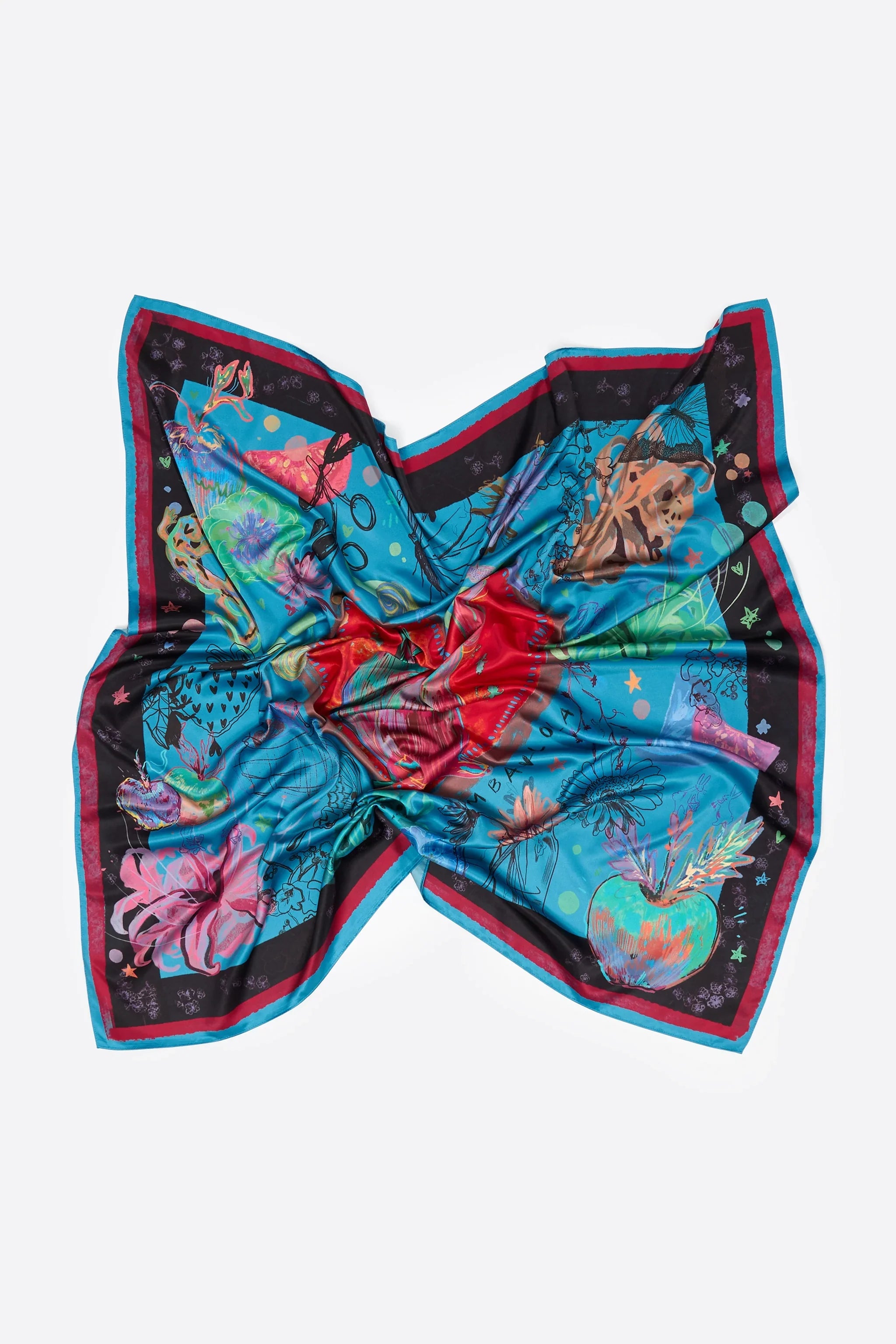 צעיף מעוצב בצבעים חיים של CHOZEN, עם הדפס פרחים ודמויות על רקע כחול ואדום