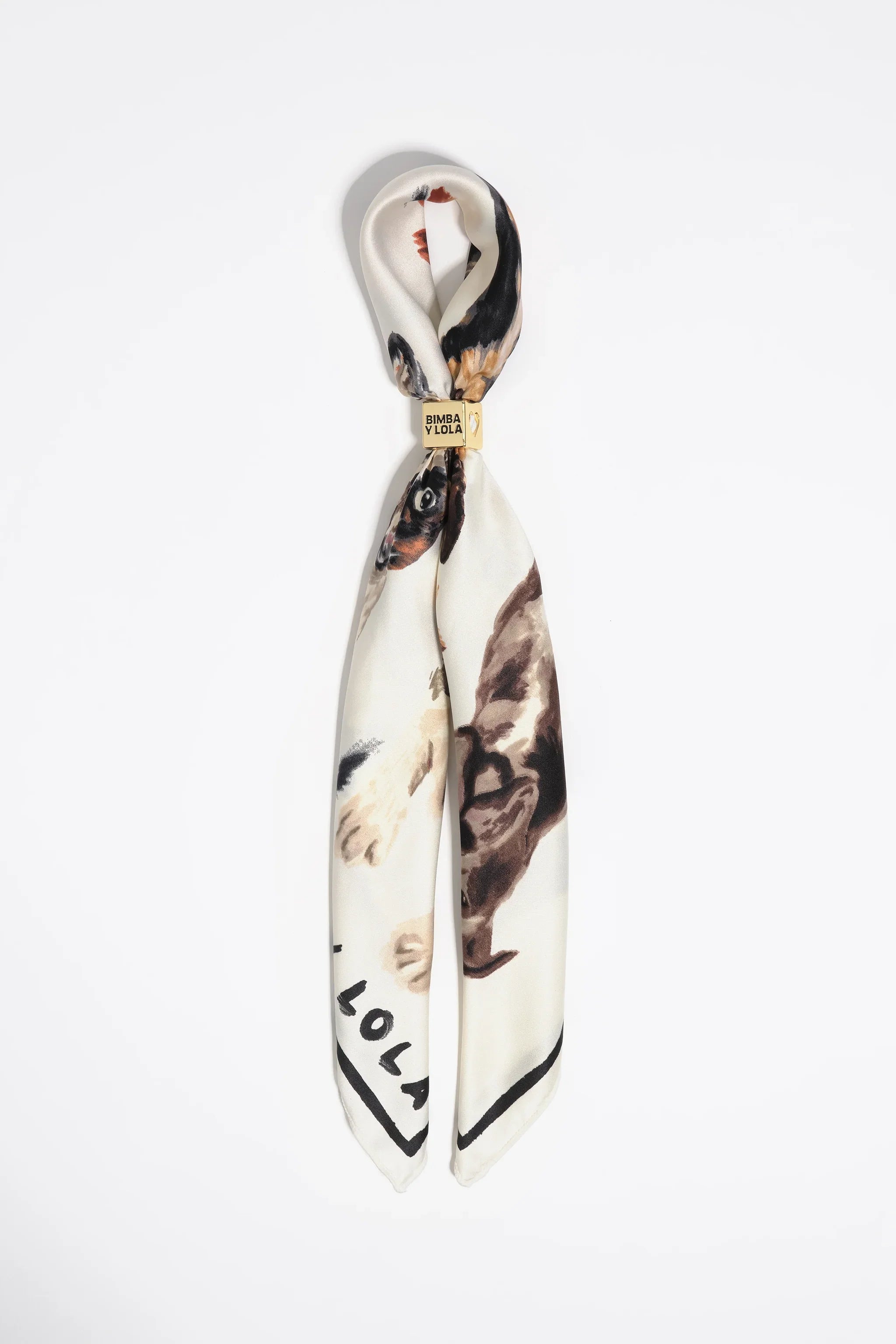 צעיף משי לבן מודפס כלבים עם תג BIMBA Y LOLA, אופנה יוקרתית ב-CHOZEN