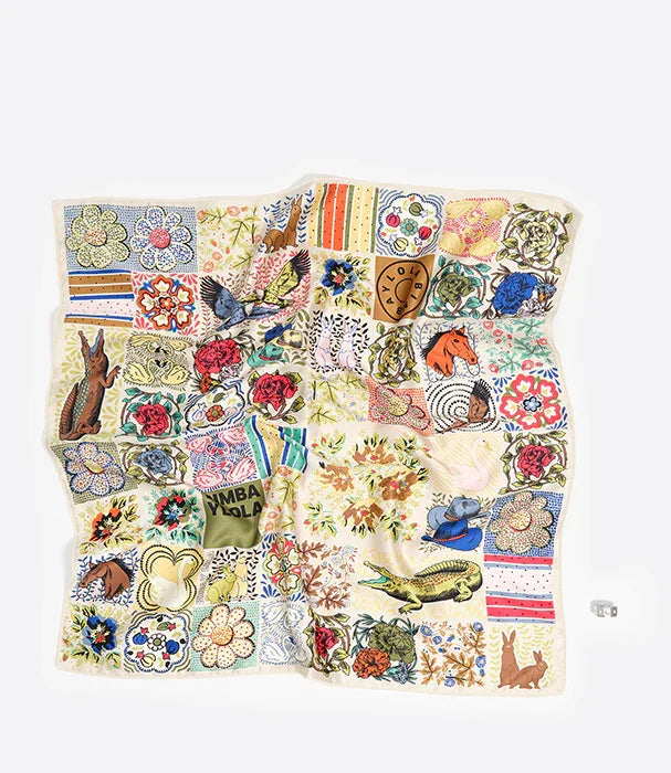 צעיף משבצות צבעוני עם הדפסים פרחוניים וחיות, אביזר אופנה מבית CHOZEN