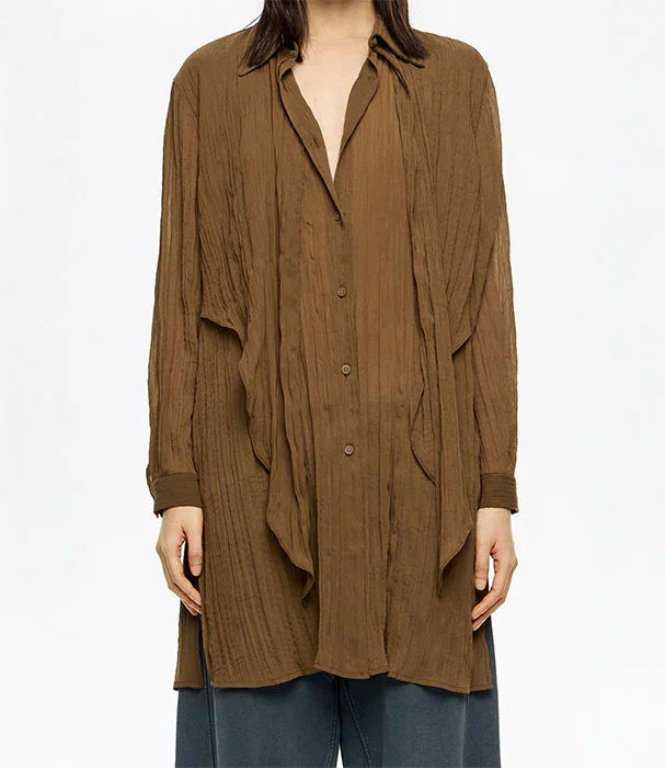 חולצה חומה ארוכה לנשים עם כפתורים, מראה קלאסי מבית CHOZEN, קולקציית מותגים מובילה