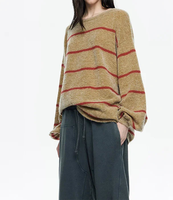 סוודר נשים חום פסי אדום CHOZEN, אופנה נוחה וטרנדית מקבוצת אלפא