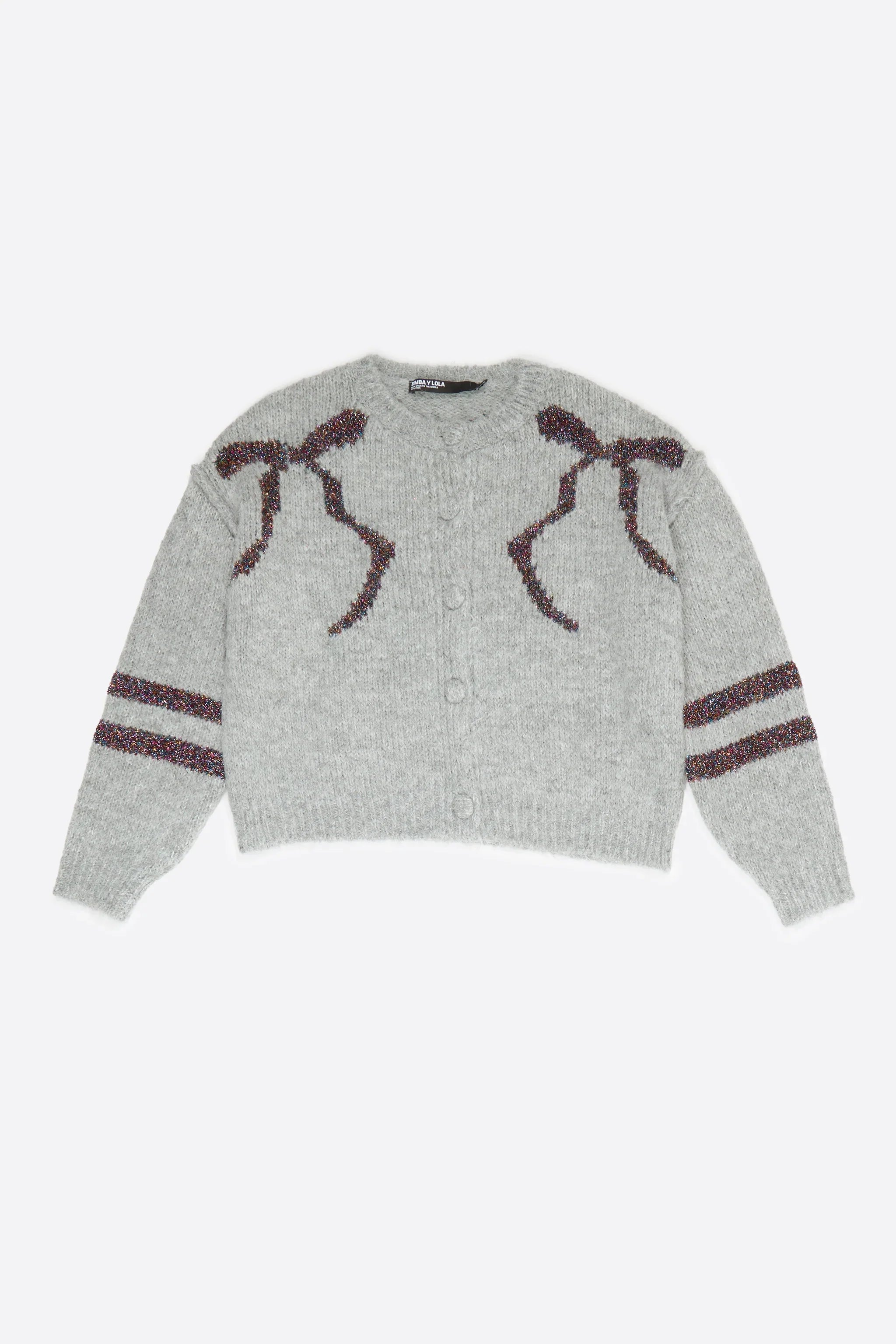 קרדיגן צמר אפור בעיצוב פפיונים וסטריפים מנצנצים, אופנה לנשים באתר CHOZEN