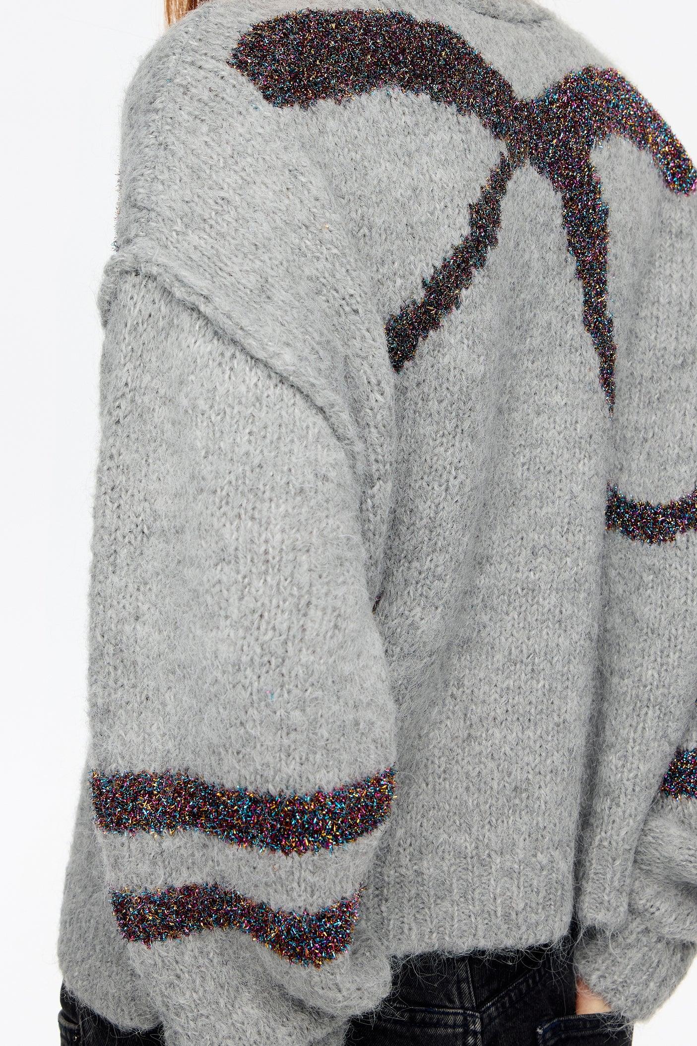 סוודר אפור לנשים עם דוגמת פסים ונצנצים, אופנה עכשווית CHOZEN