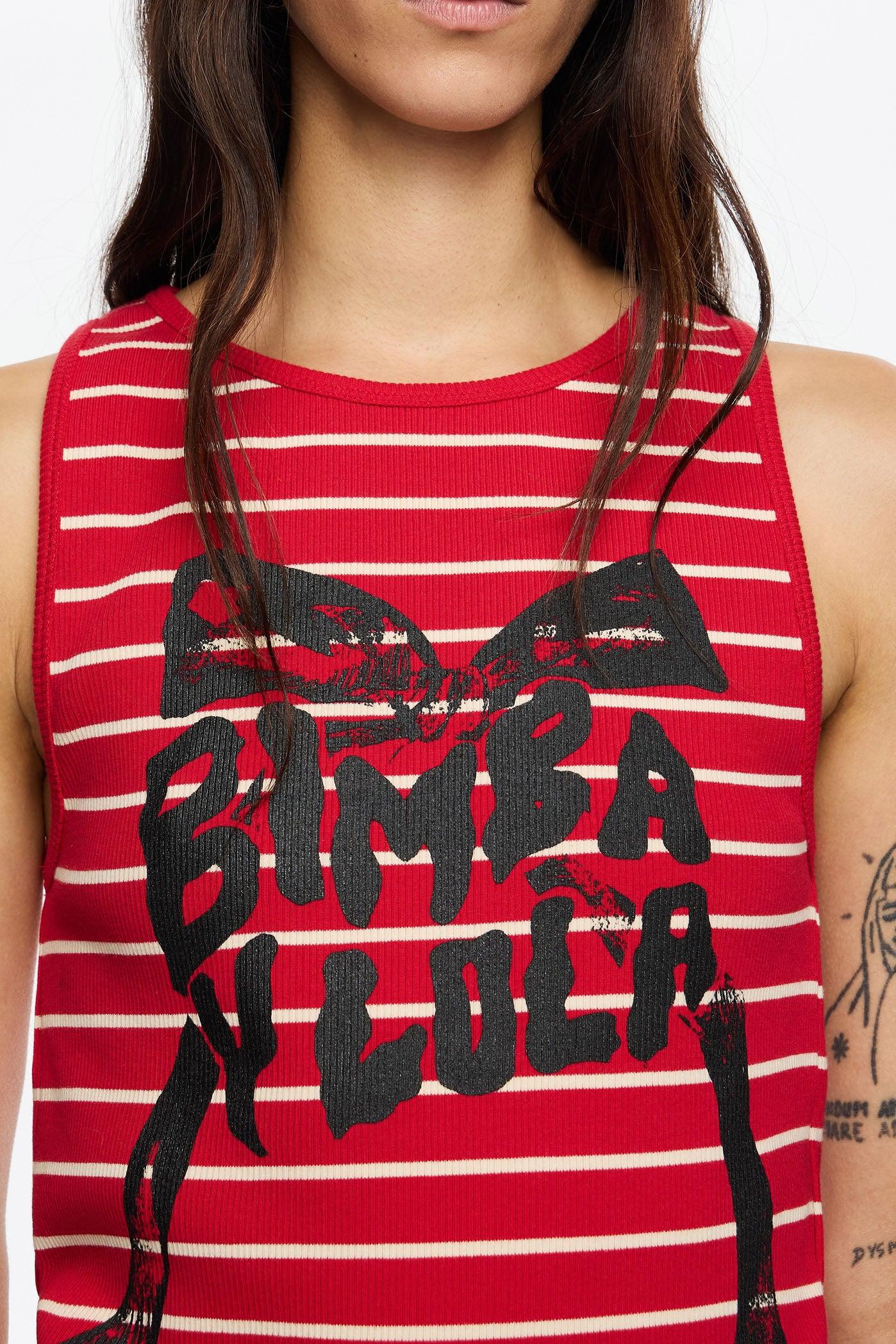 גופיית נשים אדומה עם פסים ולוגו Bimba Y Lola, אופנה מבית CHOZEN קבוצת אלפא