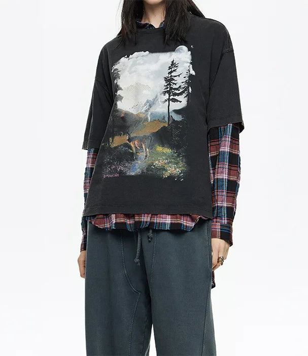 חולצת טי-שירט שחורה עם הדפס טבע, חולצת פלנל משובצת, אופנה אורבנית של CHOZEN