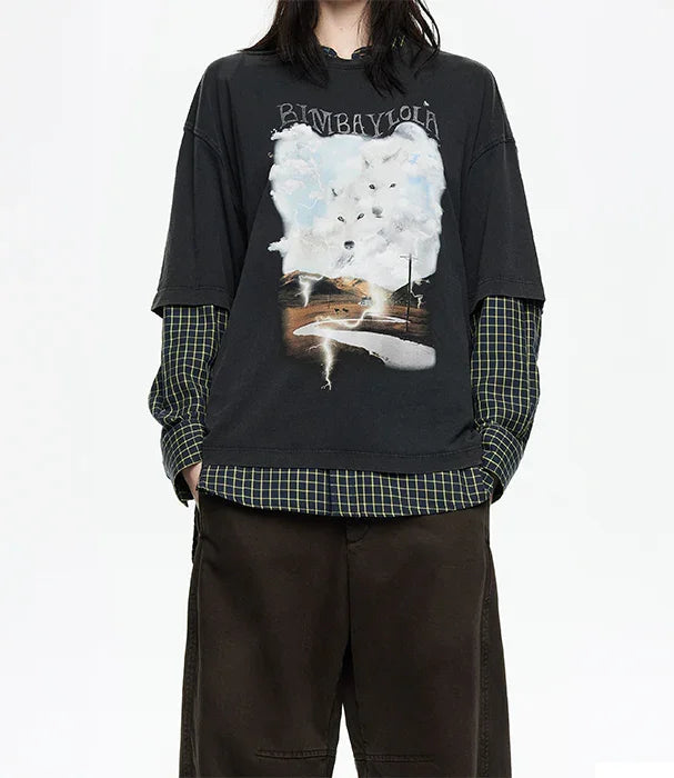 חולצת טי שחורה בעיצוב גרפי שכבות, אופנת רחוב CHOZEN, קבוצת אלפא