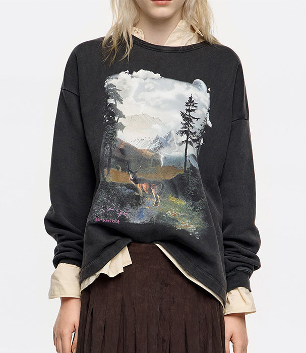סווטשירט שחור עם הדפס נוף טבע, צבי, הרים ועצים, אופנה טרנדית CHOZEN