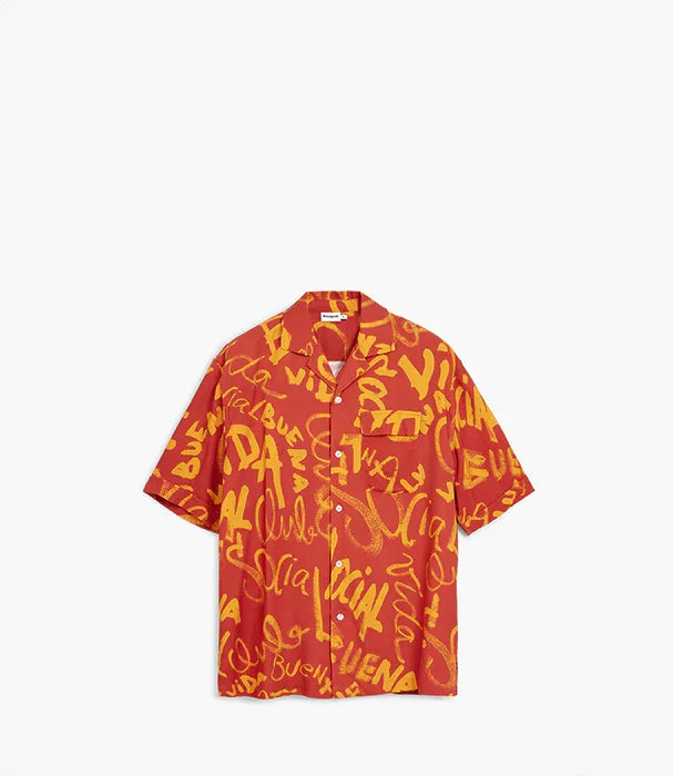 חולצה מכופתרת אדומה עם הדפס גרפיטי צהוב, אופנה גברית, CHOZEN