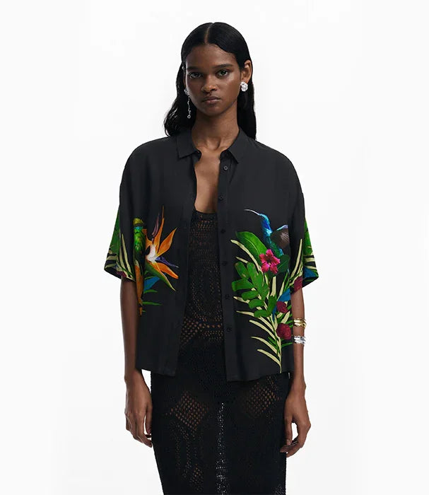 חולצה שחורה טרופית לנשים עם הדפס ציפורים ועלים, אופנת CHOZEN, קבוצת אלפא