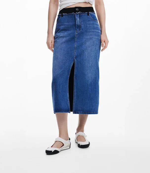 חצאית ג'ינס באורך מידי עם שסע קדמי, אופנה עדכנית לנשים CHOZEN