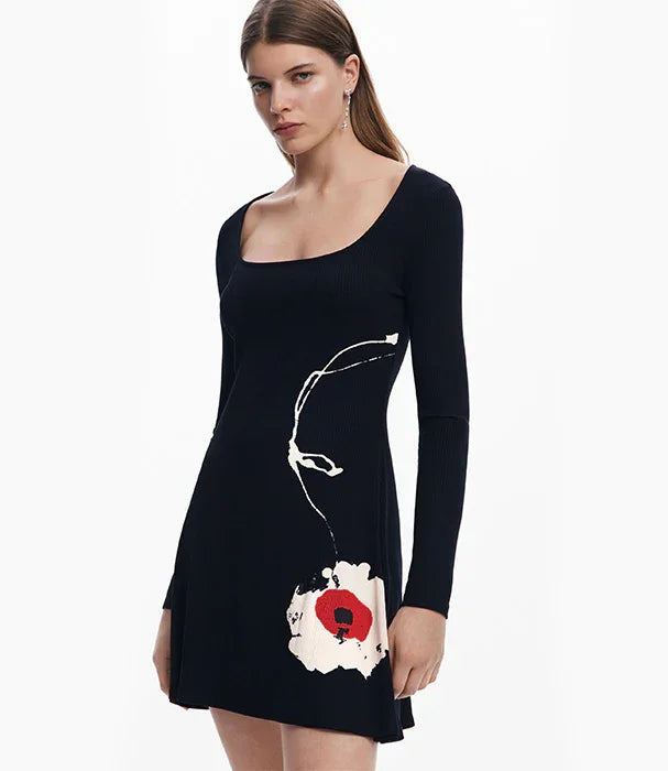 שמלת מיני שחורה עם שרוולים ארוכים והדפס פרח אדום, אופנה עדכנית CHOZEN