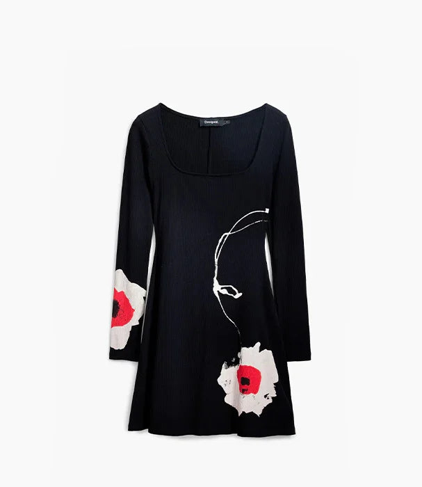 שמלת CHOZEN שחורה עם שרוולים ארוכים, הדפס אמנותי ולפרחים לבנים ואדומים