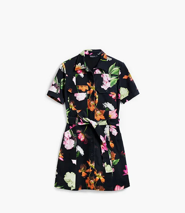 שמלת קיץ לנשים מבד כהה עם הדפס פרחים צבעוני, קולקציית אופנה CHOZEN