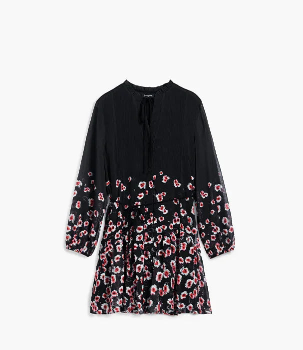 שמלת נשים שחורה עם פרחים אדומים ולבנים, אופנת CHOZEN, קולקציה אלפא