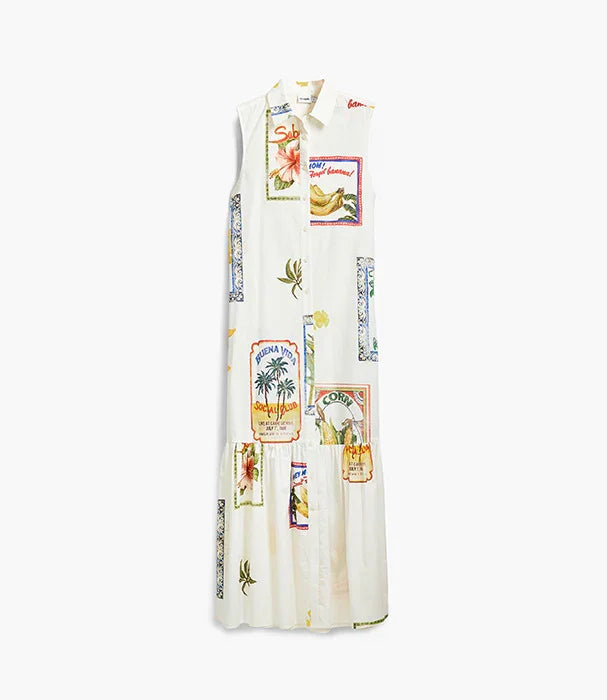 שמלת מקסי לבנה ללא שרוולים עם הדפסי קולאז' צבעוניים, אופנה יוקרתית CHOZEN