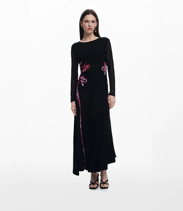 שמלת ערב שחורה עם שרוולים ארוכים ודוגמת פרחים ורודים, אופנת נשים CHOZEN