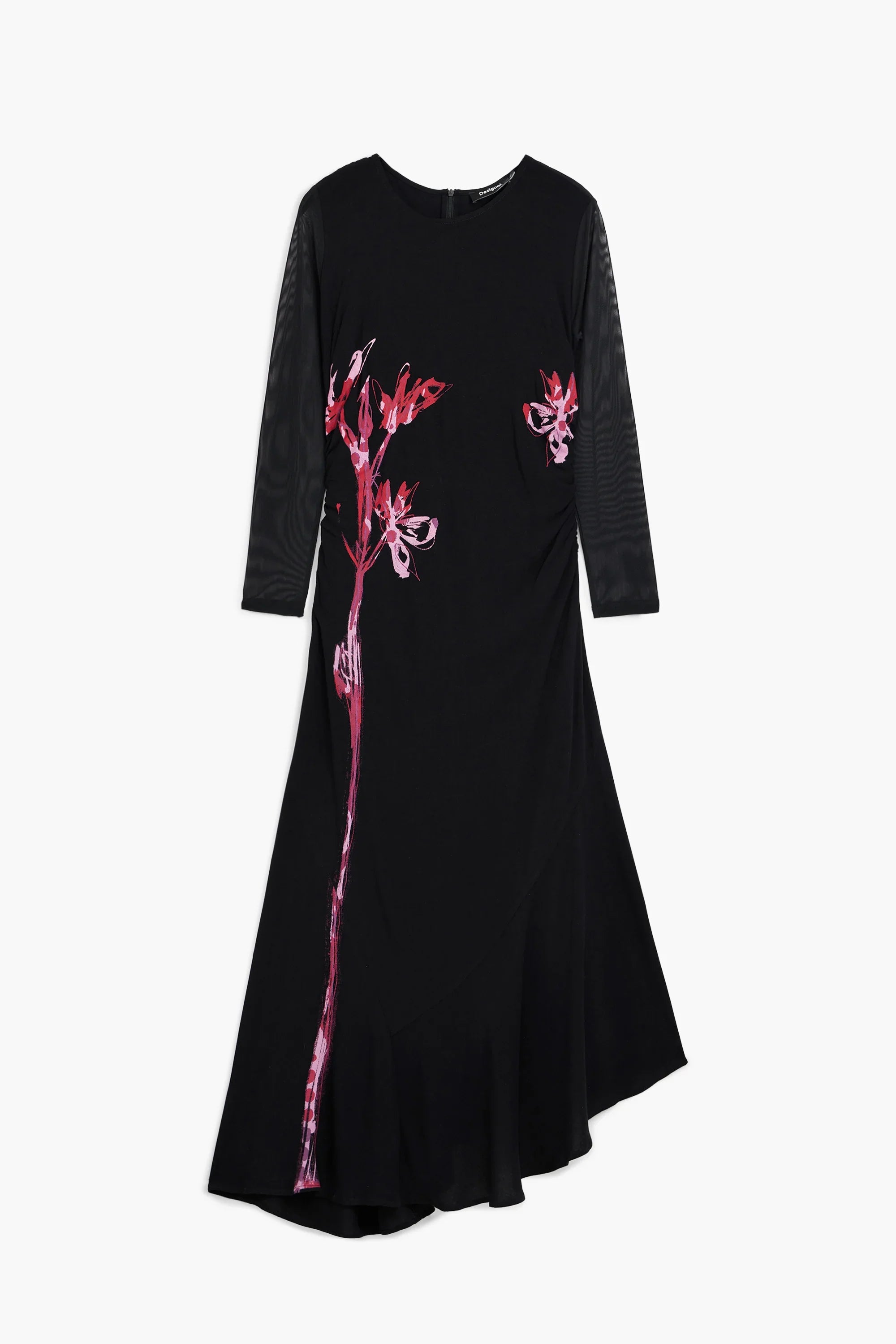 שמלת ערב שחורה ארוכה עם שרוולים שקופים והדפס פרחוני ורוד, מבית CHOZEN