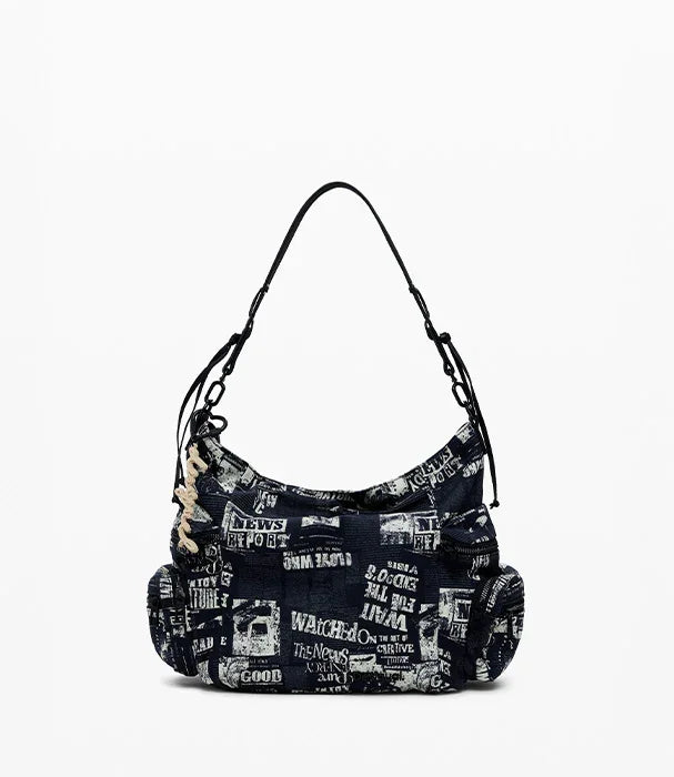 תיק כתף אופנתי שחור בדפוס טקסט מודפס, עיצוב ייחודי מחנות CHOZEN אלפא בגדים