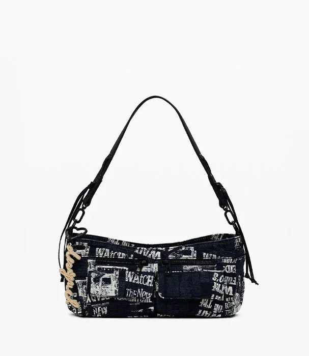 תיק צד מעוצב שחור עם הדפסים לבנים, מותג CHOZEN, אופנה לנשים, קבוצת אלפא