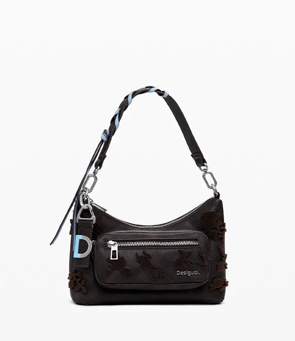 תיק צד שחור Desigual עם רקמת פרחים, כיס קדמי ורצועה קלועה, באופנת נשים CHOZEN