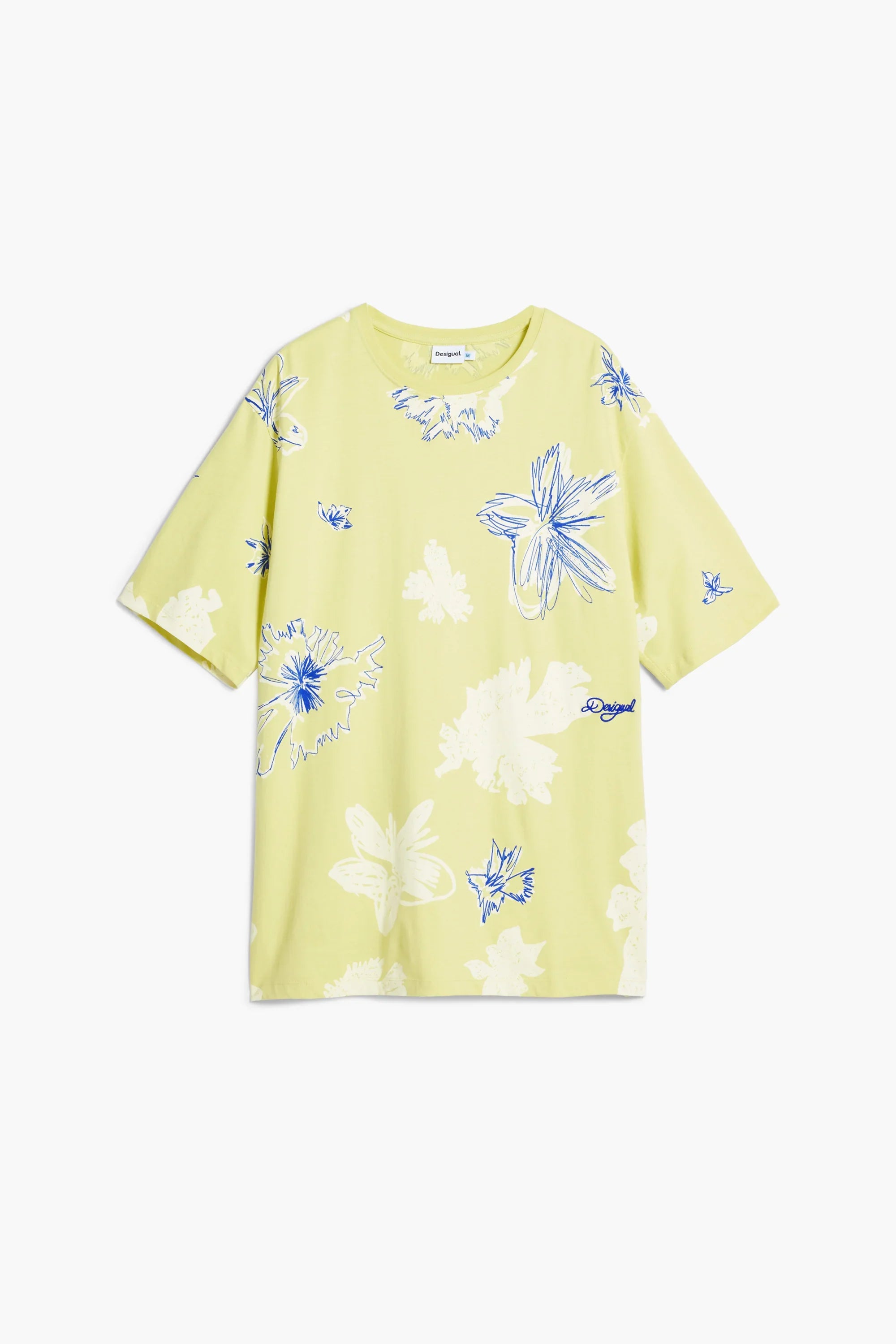חולצת טי קצרה בצהוב עם הדפס פרחים לבן וכחול, דיזל, CHOZEN מותגים מובילים