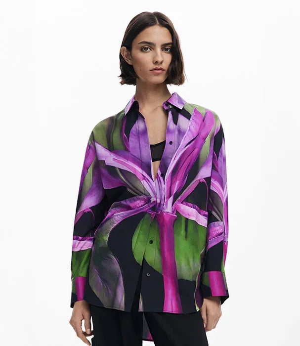 חולצת נשים עם הדפס פרח בגווני סגול וירוק מבית CHOZEN, אופנה עדכנית מקבוצת אלפא