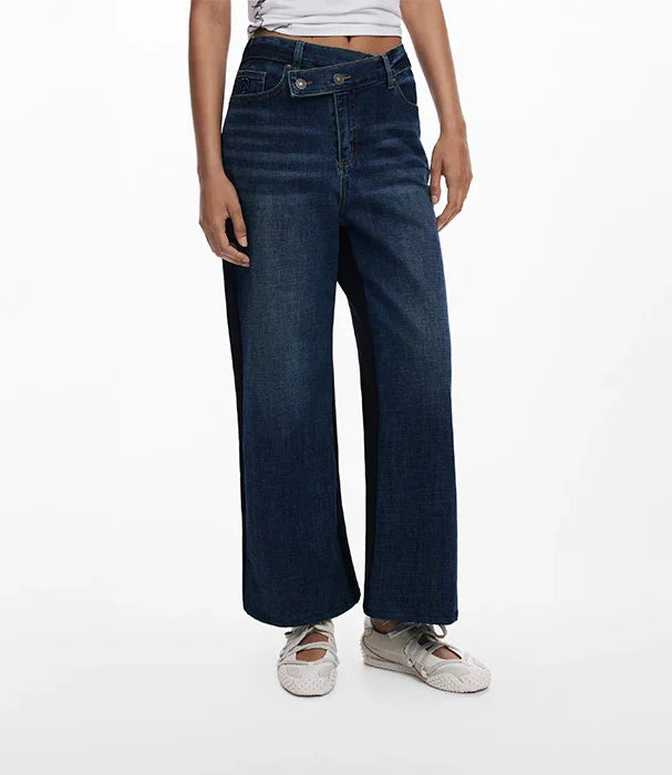 ג'ינס נשים רחב כהה עם סגירה א-סימטרית, אופנה עדכנית CHOZEN