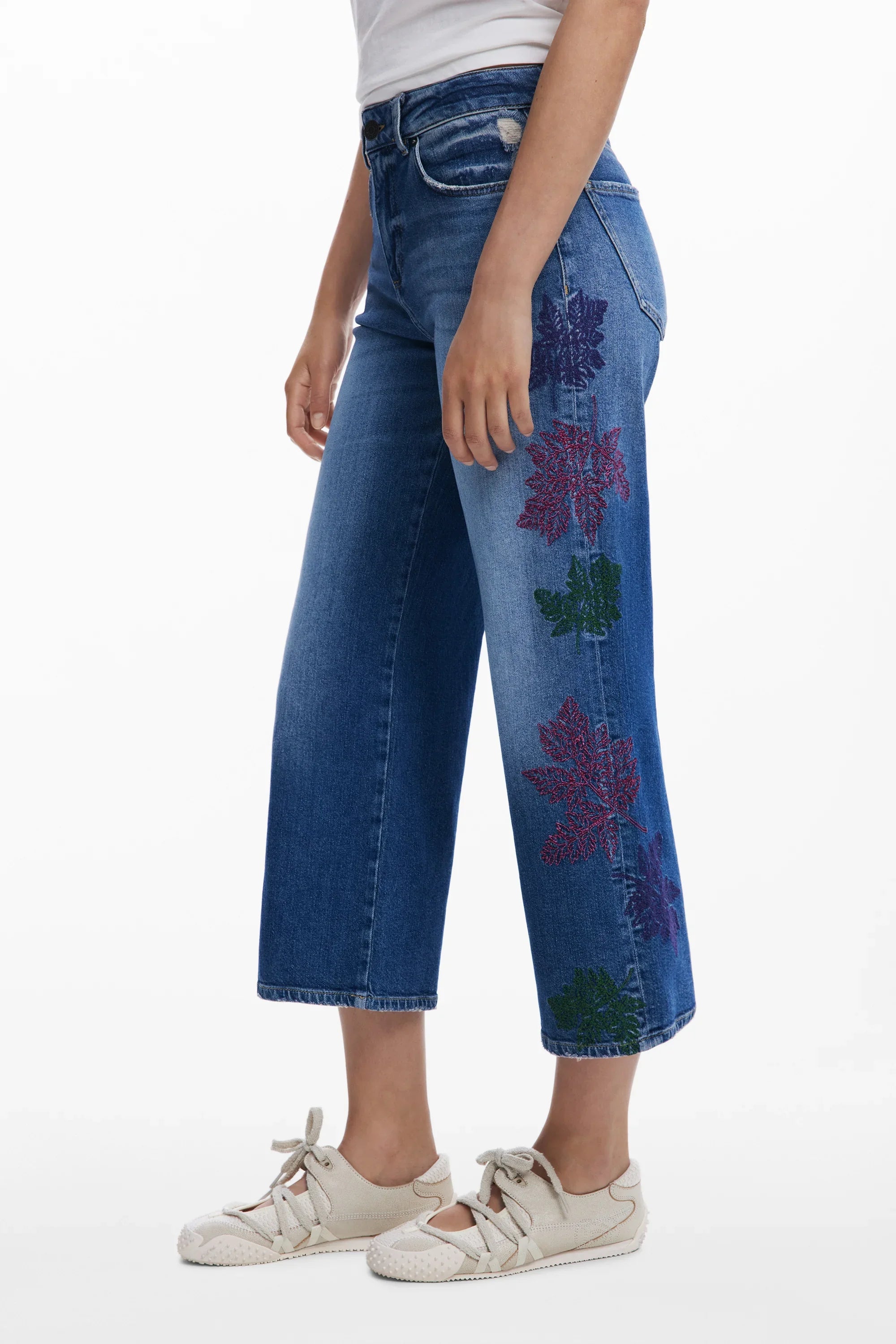 מכנסי ג׳ינס רחבים לנשים עם עיטורי עלים צבעוניים, אופנה טרנדית CHOZEN