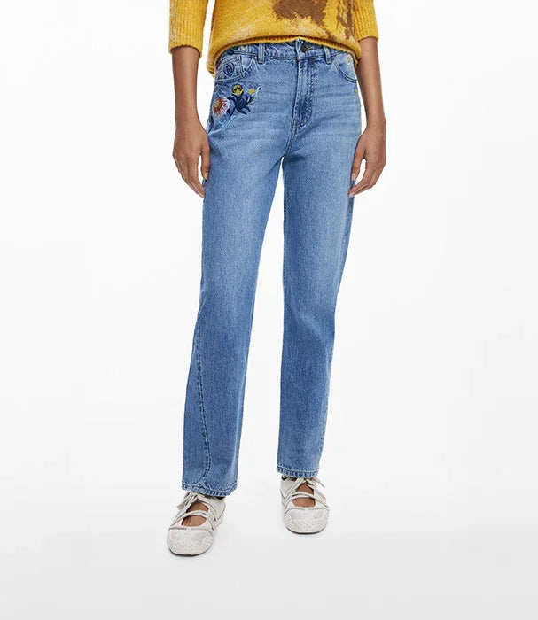 ג'ינס כחול ישר עם רקמת פרח צבעונית בצד, אופנת נשים CHOZEN