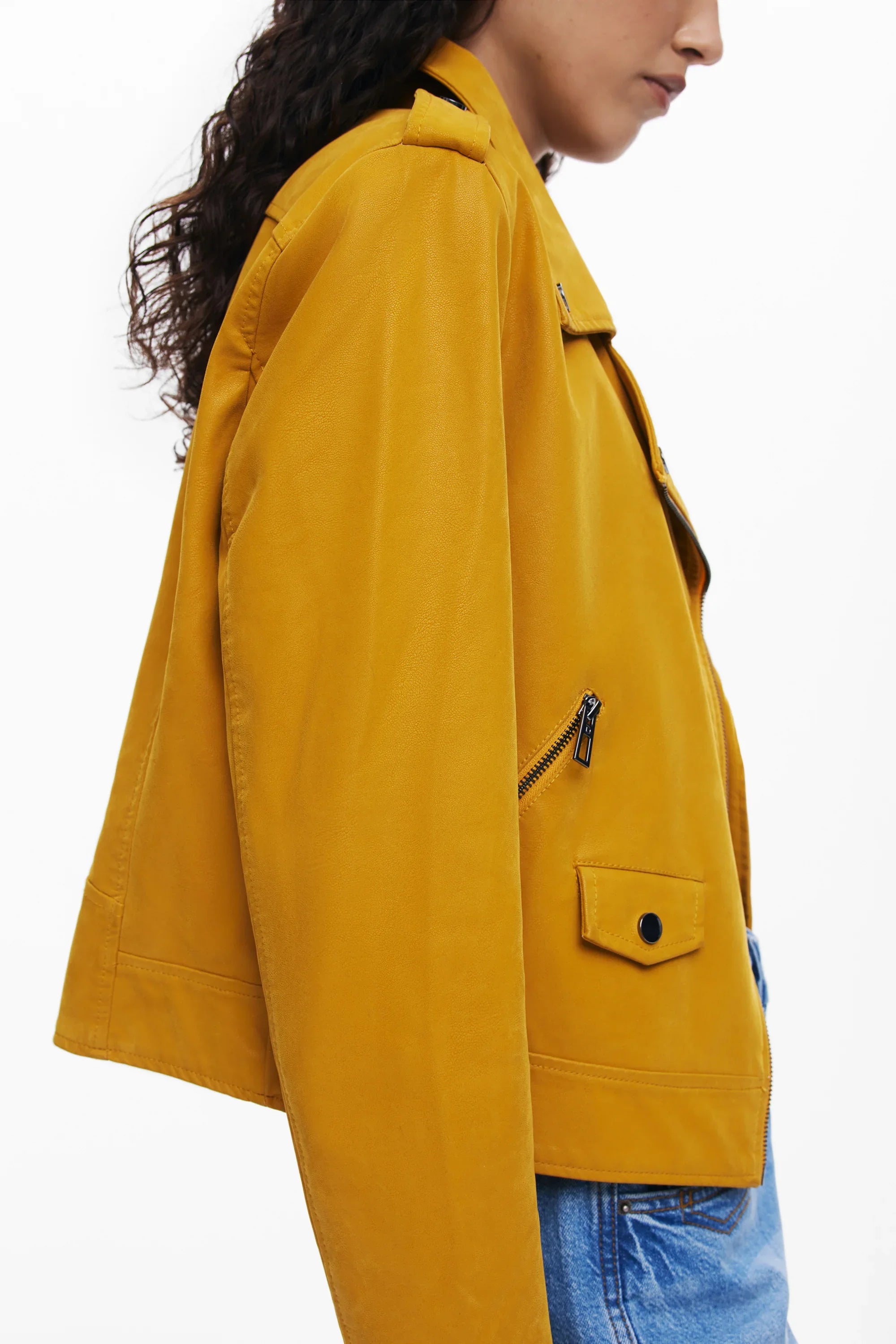 ג'קט קצר בצבע חרדל עם רוכסנים, אופנתי לנשים, CHOZEN מותגים מובילים