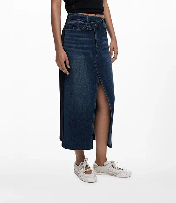 חצאית ג'ינס כחולה לנשים עם שסע קדמי, אופנת CHOZEN מקבוצת אלפא