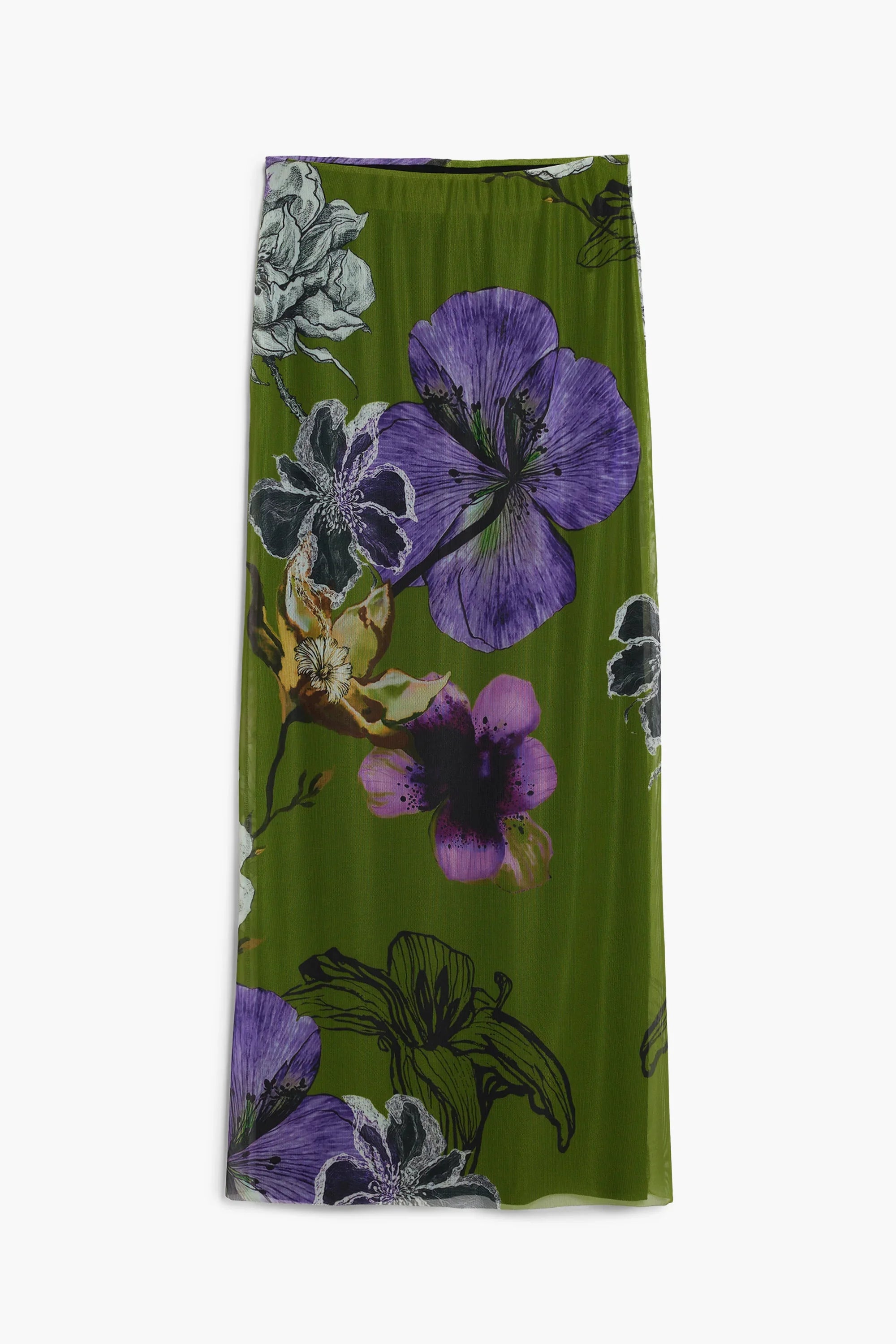 חצאית ירוקה עם הדפס פרחים סגולים ואפורים, אופנה טרנדית CHOZEN
