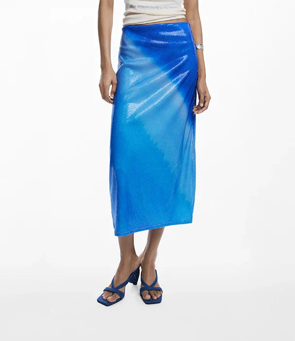 חצאית מקסי כחולה לנשים עם גימור מבריק, אופנת קיץ באתר CHOZEN, מותגים בינלאומיים